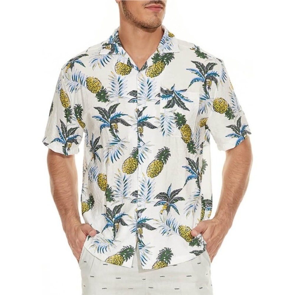 JOGAL Men's Tropical Pineapple Palm Tree Print Short Sleeve Shirt XXL NWT